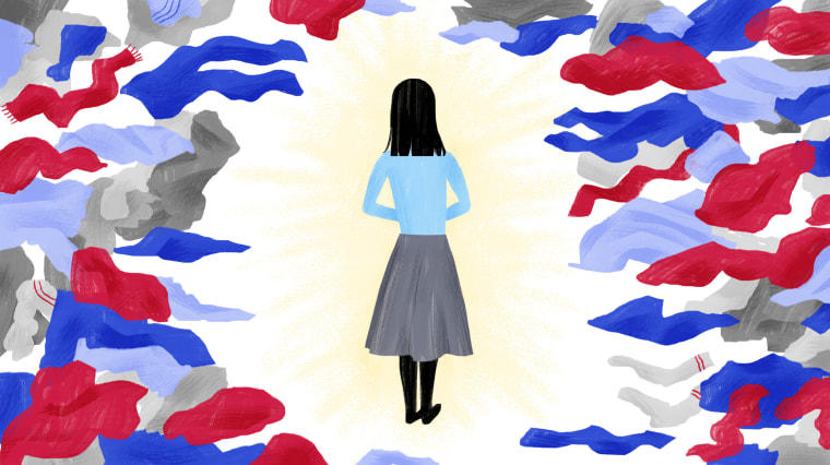 Illustration of Marie Kondo surrounded by a mountain of clothes.