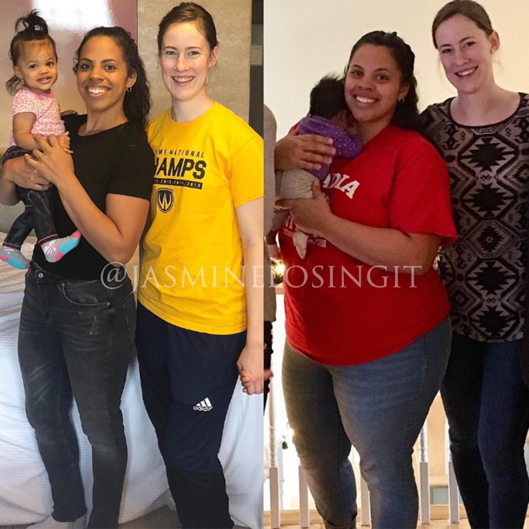 When Jasmine Parent saw the picture of herself on the right, she felt too embarrassed to post it and it started her weight-loss journey. 