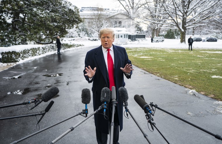 Image: President Donald Trump speaks to the media outside of the White House on Monday