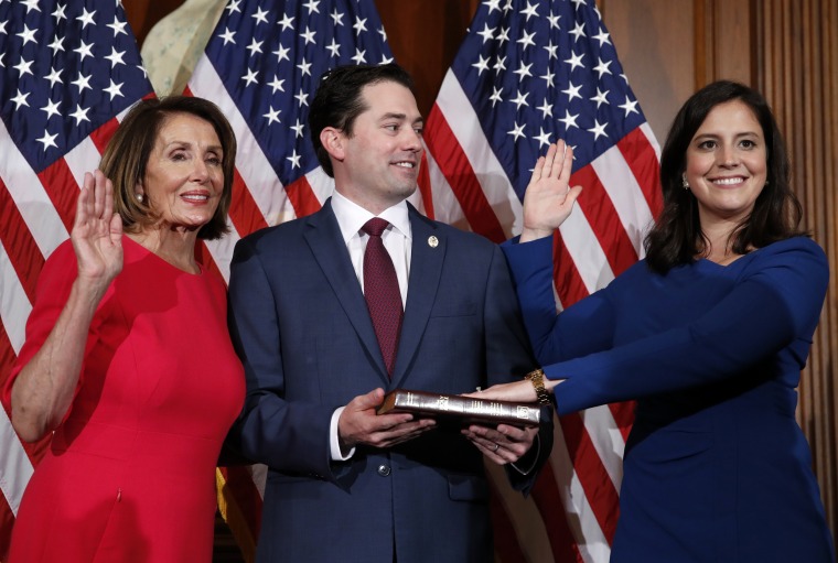 Image: House Speaker Nancy Pelosi during a ceremonial swearing-in with Rep. Elise Stefanik on Capitol Hill on Jan. 3, 2019.