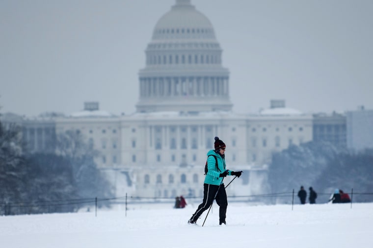 A cross country skier passes the U.S. Capitol on the National Mall on the 23rd day of a government shutdown during a winter storm