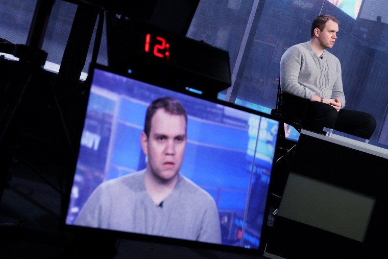 Image: Matthew Hedges gives a TV interview in the Manhattan borough of New York City