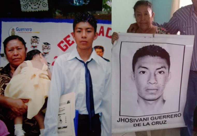 Martina de la Cruz shared a photo of herself with her son Jhosivani Guerrero de la Cruz at a school graduation, and later of herself with a banner of her missing son, who is one of the 43 missing Ayotzinapa students.