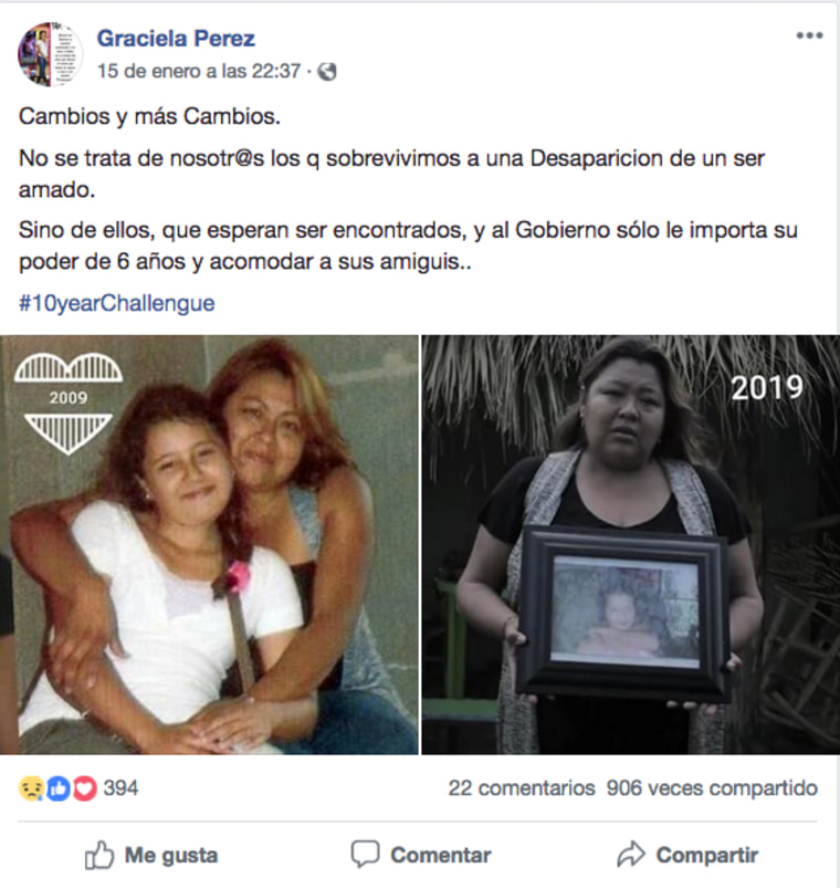A screenshot of Graciela Perez's #10YearChallenge Facebook post. The post's privacy settings have been changed since publication.