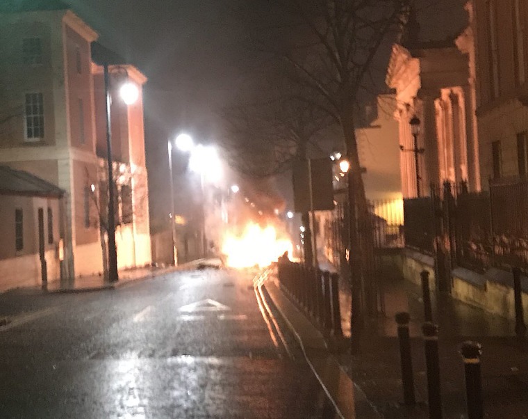 A suspected car bomb in front of a courthouse in Derry, Northern Ireland on Jan. 19, 2019.