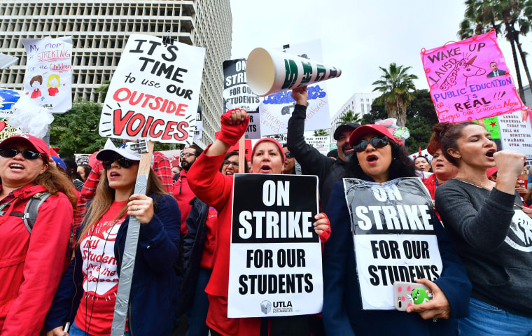 Teachers from the Los Angeles Unified School District and their supporters rally outside City Hall on Jan. 18, 2019.