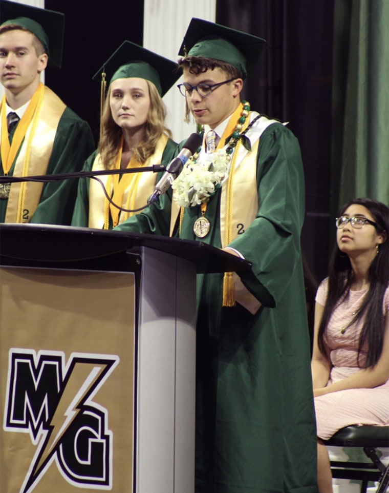 Carson Mielke gave the valedictory speech at his high school graduation two days after his graduation party. "He had worked so very hard for his four years that this was just a wonderful addition and a way to celebrate his accomplishments," said his mom, Dena, of the college reveal.