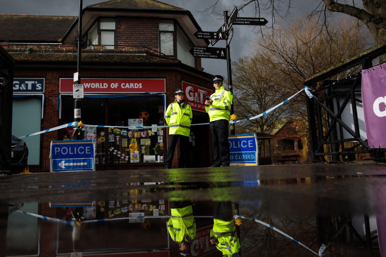Image: Police officers near a scene connected to the nerve agent attack on former spy Sergei Skripal in Salisbury, England, on March 16, 2018.