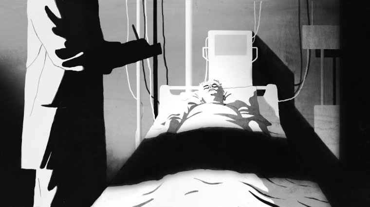 Illustration of a shadowed doctor leaning over a patient in a hospital bed.