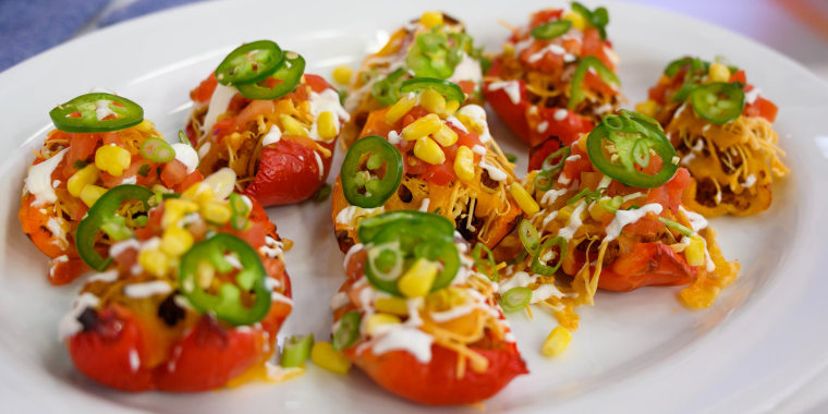 Joy Bauer's Buffalo Chicken Dip + Football Pretzels + Bell Pepper Nachos + Sweet Potato Touchdown