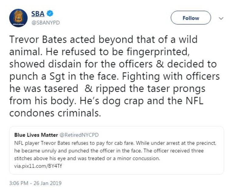 A tweet from the Sergeants Benevolent Association after NFL player Trevor Bates was arrested in New York.