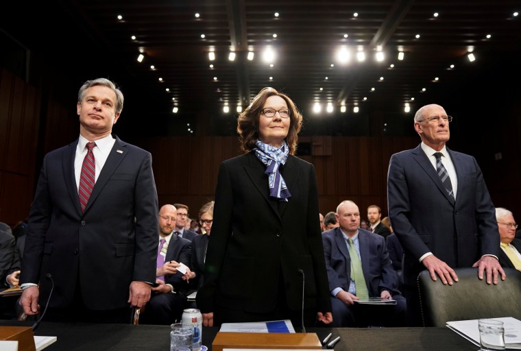 Image: FBI Director Christopher Wray, CIA Director Gina Haspel and Director of National Intelligence Dan Coats arrive to testify before a Senate Intelligence Committee hearing on Capitol Hill on Jan. 29, 2019.