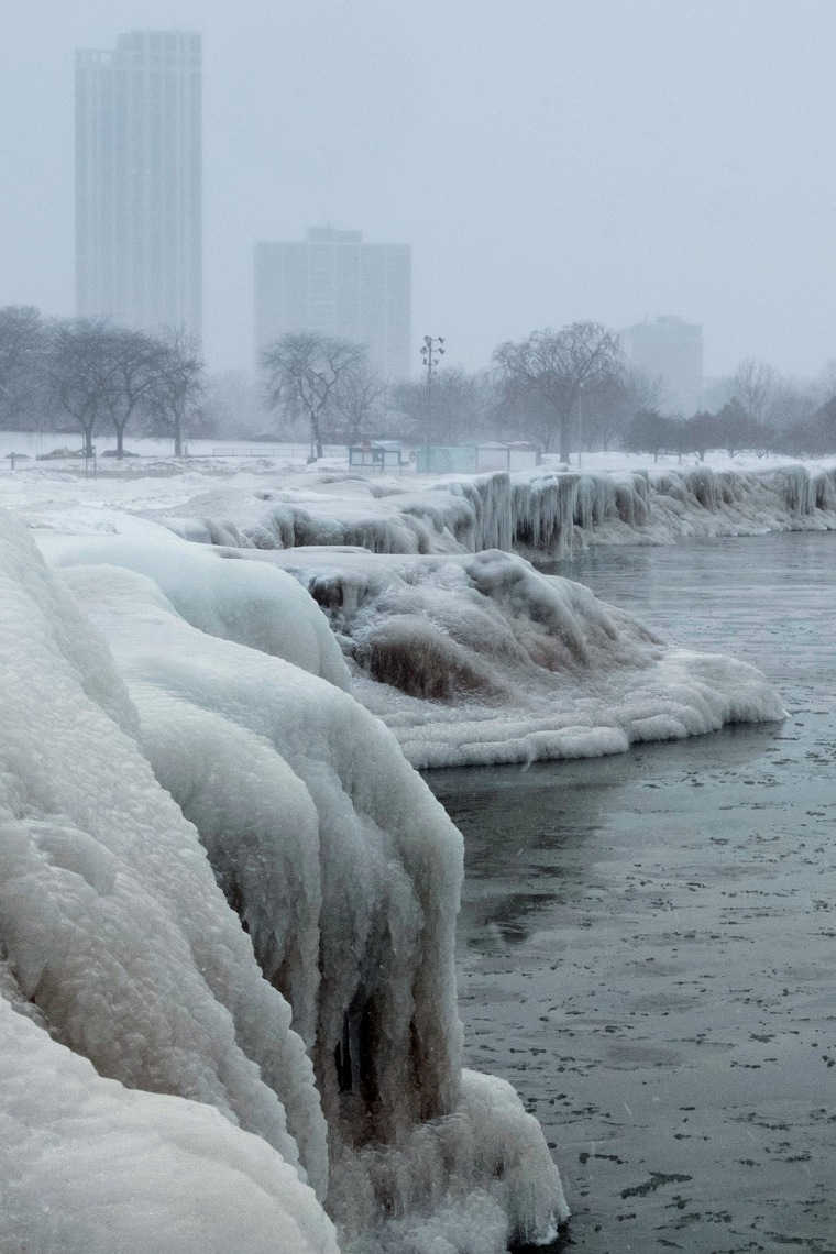 Image: The city skyline is seen from the North Avenue Beach at Lake Michigan as bitter cold phenomenon called the polar vortex has descended on much of the central and eastern United States