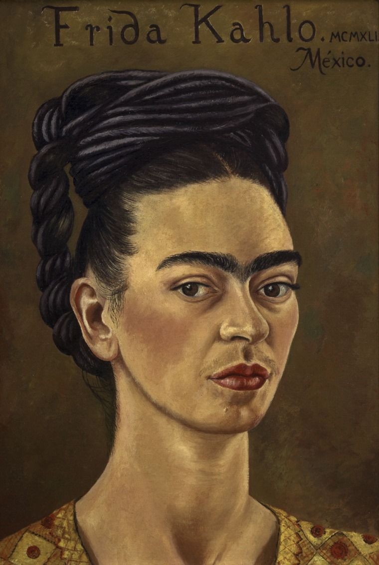 Image: "Self-Portrait with Red and Gold Dress, 1941" by Frida Kahlo.