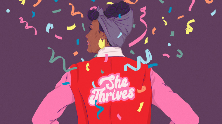 Illustration of woman wearing a jacket with \"She Thrives\" embroidered on the back.
