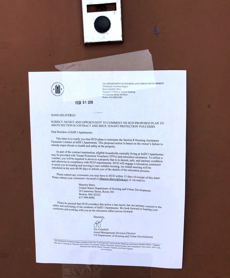 On Friday morning, Feb. 1, 2019, HUD taped a notice to tenants' doors at Infill Apartments in Hartford, Connecticut notifying them that the landlord's contract had been canceled and that HUD would provide them with vouchers to be used in a new home.