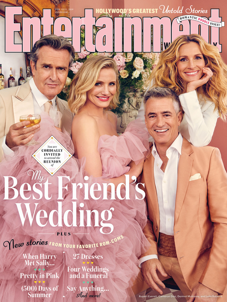 Roberts, right, reunites with her "My Best Friend's Wedding" co-stars (L-R) Rupert Everett, Cameron Diaz and Dermot Mulroney on the cover of the new Entertainment Weekly.