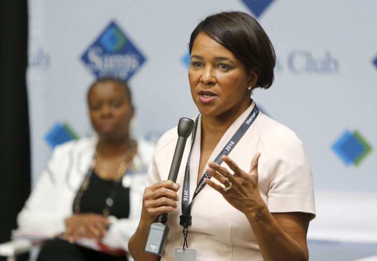 Rosalind Brewer, Sam's Club president and chief executive officer, speaks to members of the media in 2016 at the Sam's Club in Bentonville, Arkansas.