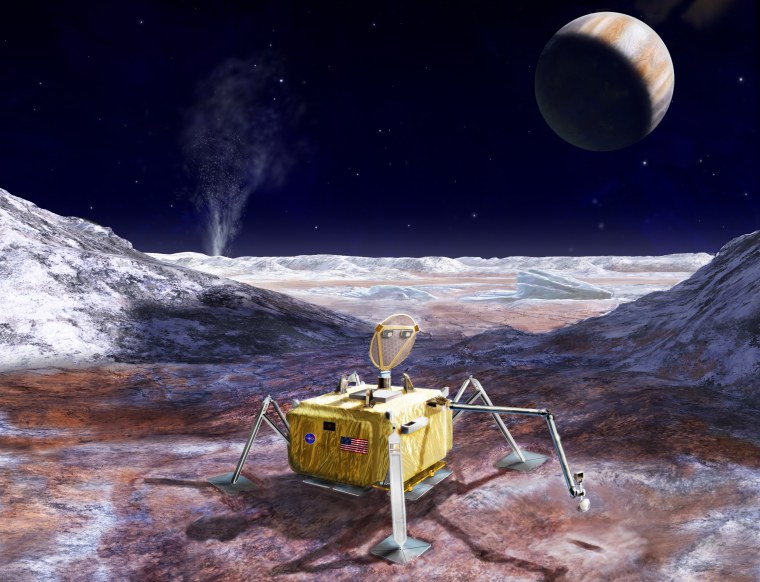 Image: This artist's rendering illustrates a conceptual design for a potential future mission to land a robotic probe on the surface of Jupiter's moon Europa.