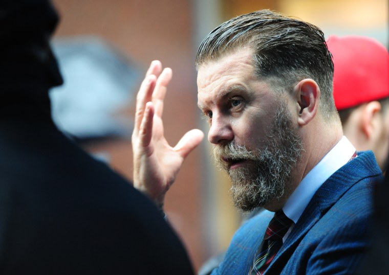 Gavin McInnes attends an Alt-right rally in front of CUNY in New York on May 25, 2017.