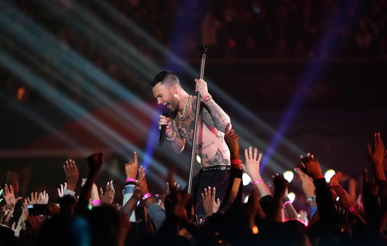 Adam Levine of Maroon 5 performs during halftime of the NFL Super Bowl 53 football game