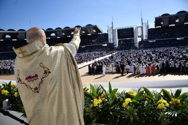 Image: Pope Francis holds a mass at Zayed Sports City Stadium in Abu Dhabi, United Arab Emirates