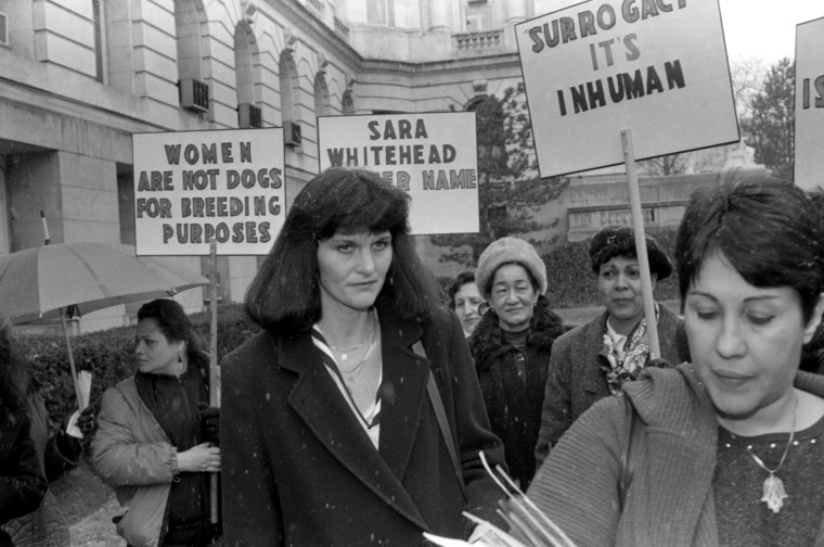 Image: Mary Beth Whitehead joins a group of women demonstrating on her behalf outside of the Bergen County courthouse in 1987.
