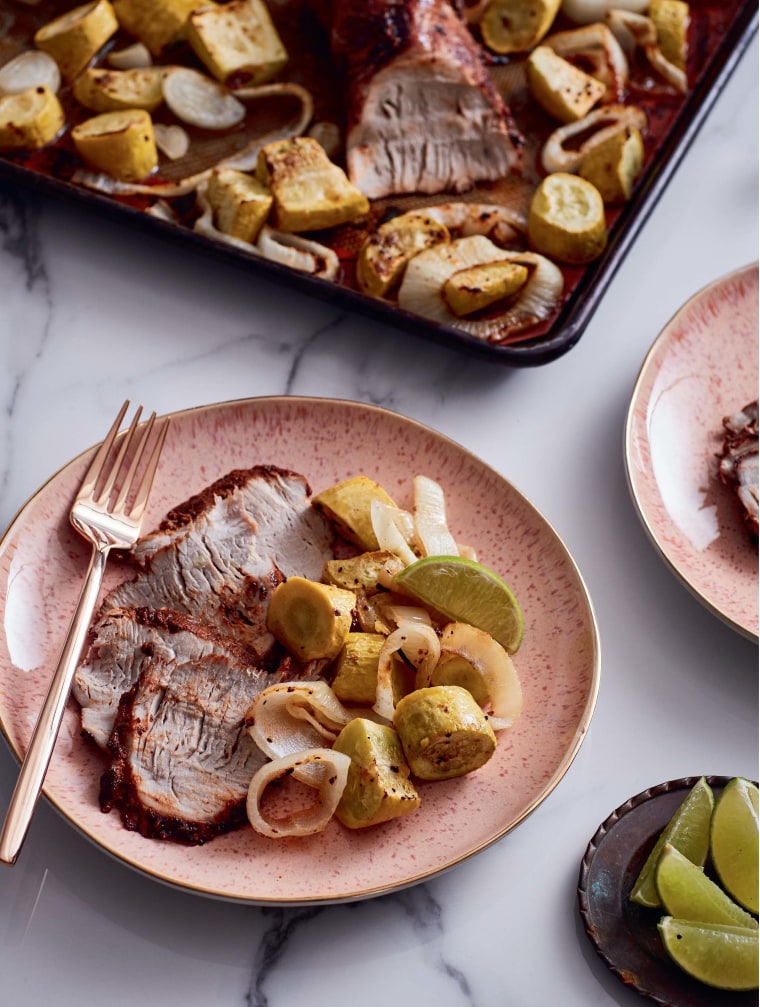 Sheet-Pan Mole-Crusted Pork Tenderloin with Sweet Onions and Yellow Squash