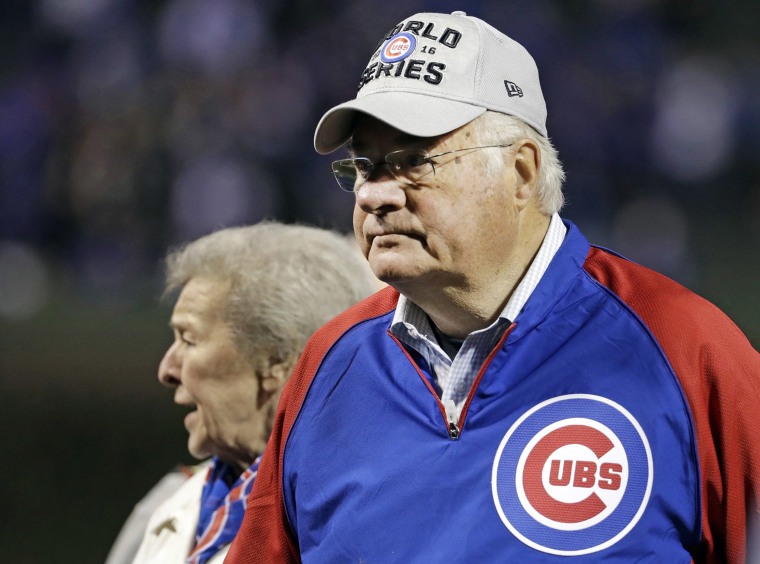 Image: Joe Ricketts, with wife Marlene, before the start of game 5 of the World Series, between the Chicago Cubs and the Cleveland Indians on Sunday, Oct. 30, 2016 at Wrigley Field in Chicago