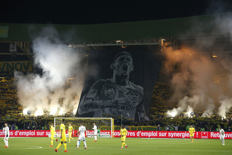 Image: A banner of Emiliano Sala in the crowd as Nantes plays Saint-Etienne in France on Jan. 30, 2019.