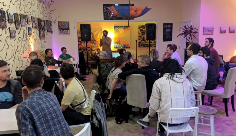 Caffeine Underground, a coffee shop in Brooklyn, hosts an event with the Psychedelic Meetup Society in 2018.