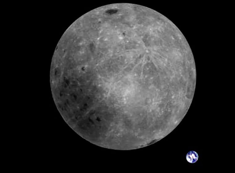 Image: China's LongJiang 2 satellite captured this rare view of the moon's farside, with Earth appearing tiny in the background.