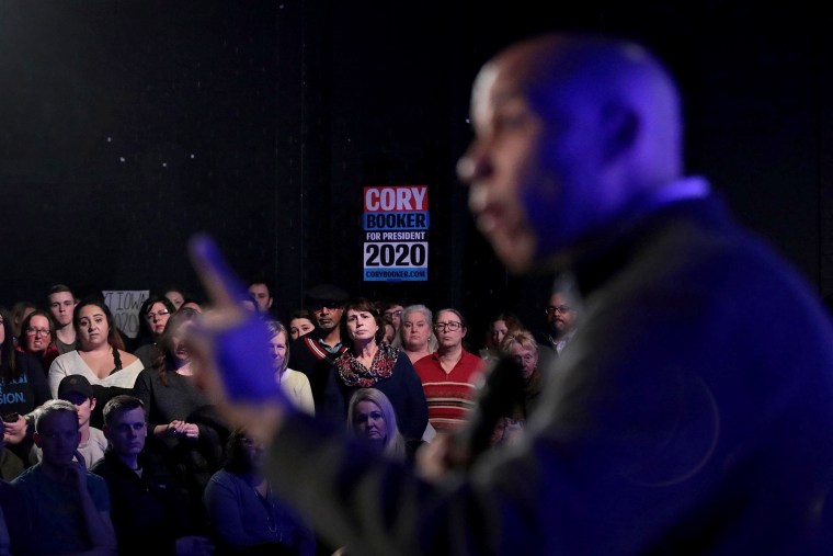 Image: Sen. Cory Booker, D-NJ, speaks at a campaign stop at the Des Moines Social Club in Iowa on Feb. 9, 2019.
