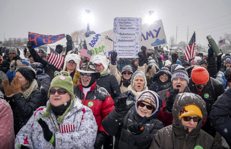 Image: Supporters of Sen. Amy Klobuchar cheer before her announcement to run for president in Boom Park, Minneapolis, on Feb. 10, 2019.