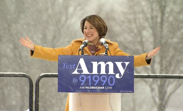 Image: Sen. Amy Klobuchar announces her run for president in Boom Park, Minneapolis, on Feb. 10, 2019.