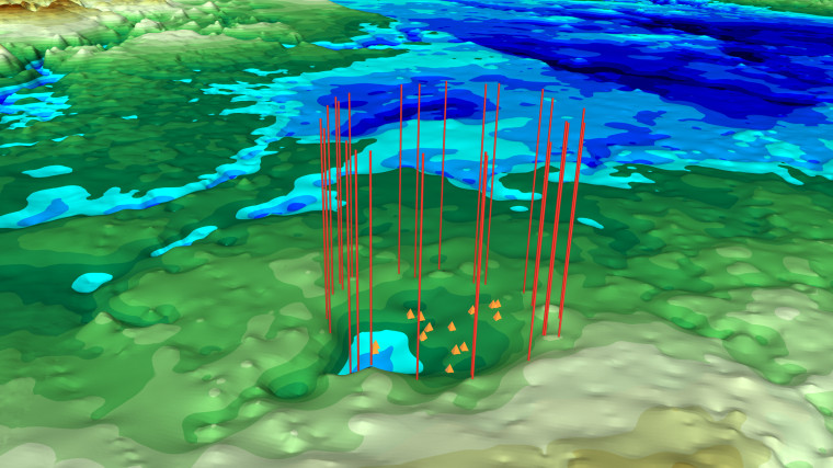The possible impact crater, with edge points marked with vertical bars running through the ice sheet and peak points marked with small orange pyramids.