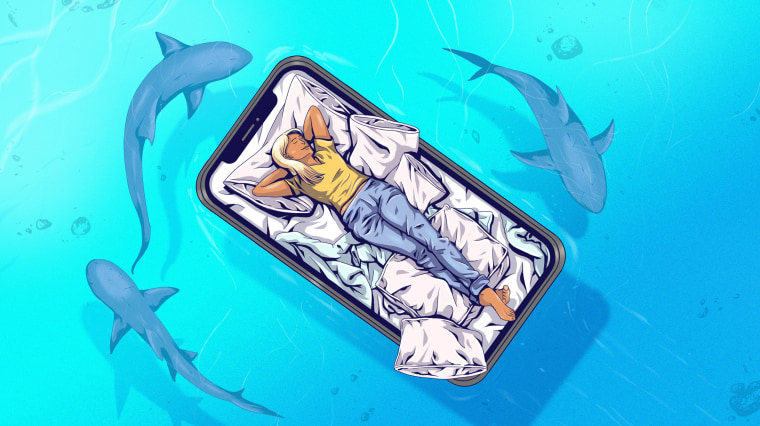 Illustration of a sleeping woman on floating phone bed while sharks lurk below.