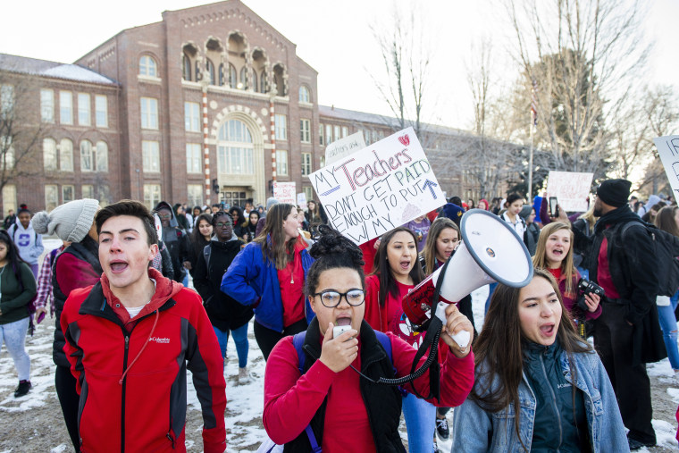 Image: South High School students lead a walkout to join their striking teachers on the picket line in Denver on Feb. 11, 2019.
