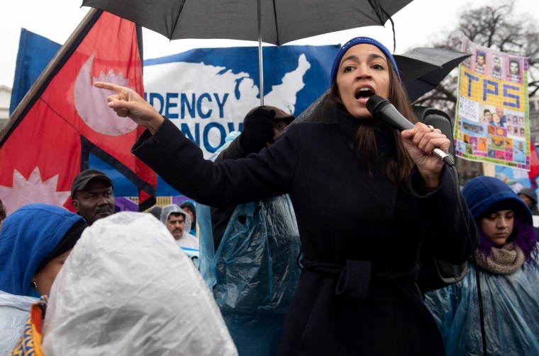 Image: Rep. Alexandria Ocasio-Cortez, D-NY, speaks at the March For TPS Justice rally in Washington on Feb. 12, 2019.