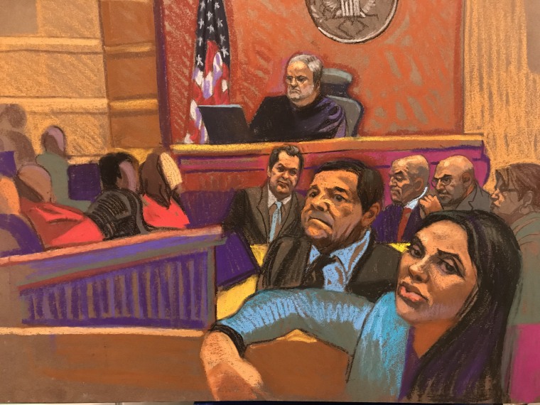 Image: Joaquin "El Chapo" Guzman and his wife, Emma Coronel, in this courtroom sketch in Brooklyn federal court in New York City, on Feb. 12, 2019.