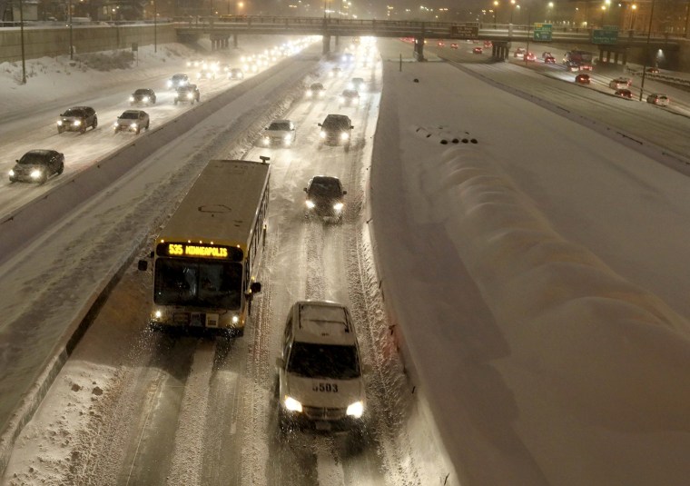 Image: Traffic along Interstate 94 in Minneapolis during a winter storm on Feb. 12, 2019.