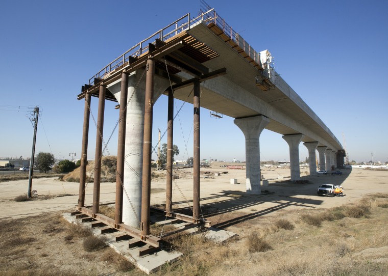 An elevated section of high-speed rail under construction in Fresno, California, in December 2017.