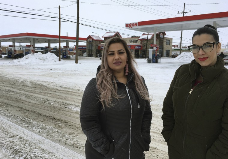 Image: Martha Hernandez, left, and Ana Suda in front of the convenience store where they were detained by a U.S. Border Patrol agent for speaking Spanish in Havre, Montana, on Jan. 23, 2019.