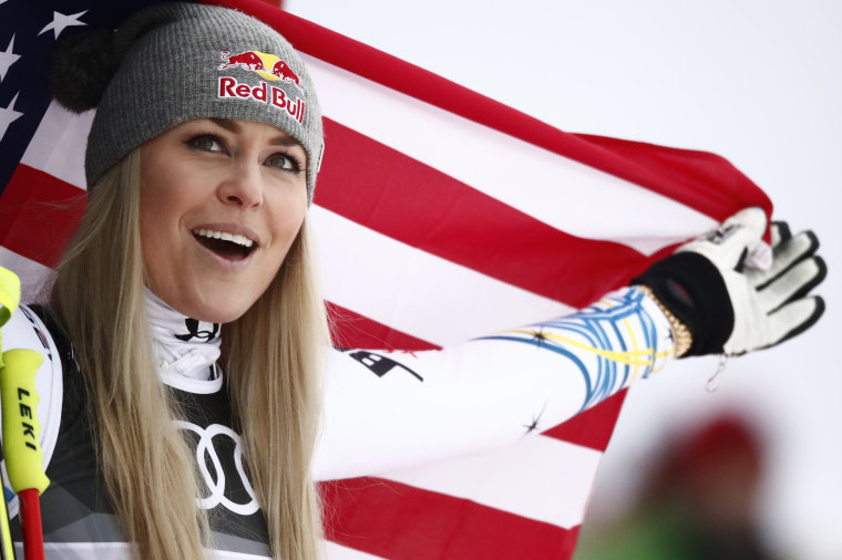 Image: Lindsey Vonn celebrates her bronze medal win at the FIS Alpine World Ski Championship in Are, Sweden, on Feb. 10, 2019.