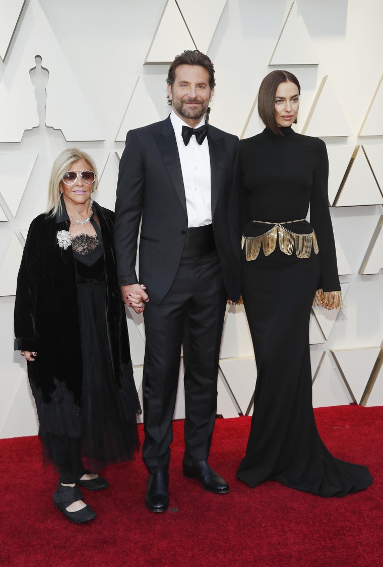 Bradley Cooper with his mother, Gloria Campano, and partner, Irina Shayk, at the Oscars