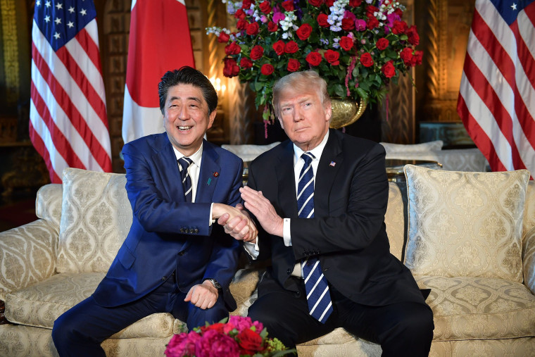 Image: President Donald Trump greets Japanese Prime Minister Shinzo Abe in 2018