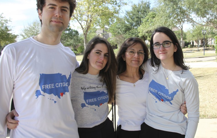 Image: The Vadell family, wearing "Free the Citgo 6" shirts, in Katy, Texas, on Feb 15, 2019. Tomeu Vadell, a Citgo executive, has been detained in Venezuela since November 2017.