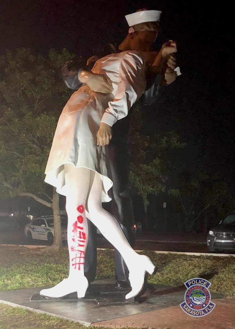 Image: Vandals spray painted "#MeToo" on the Unconditional Surrender statue in Sarasota, Florida, on Feb. 19, 2019.