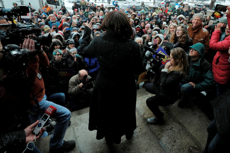 Image: Sen. Kamala Harris, D-Calif., greets the crowd outside of a campaign event in Portsmouth, New Hampshire, on Feb. 18, 2019.