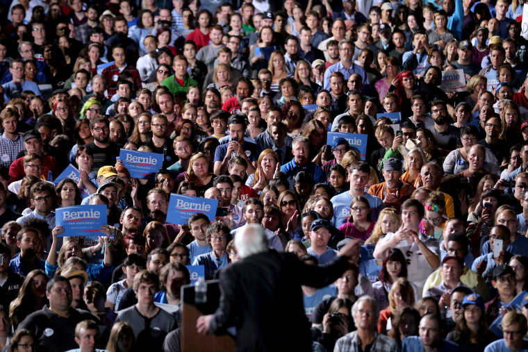 Image: People gather to listen to Sen. Bernie Sanders, I-VT, during a campaign rally in Manassas, Virginia, on Sept. 14, 2015.